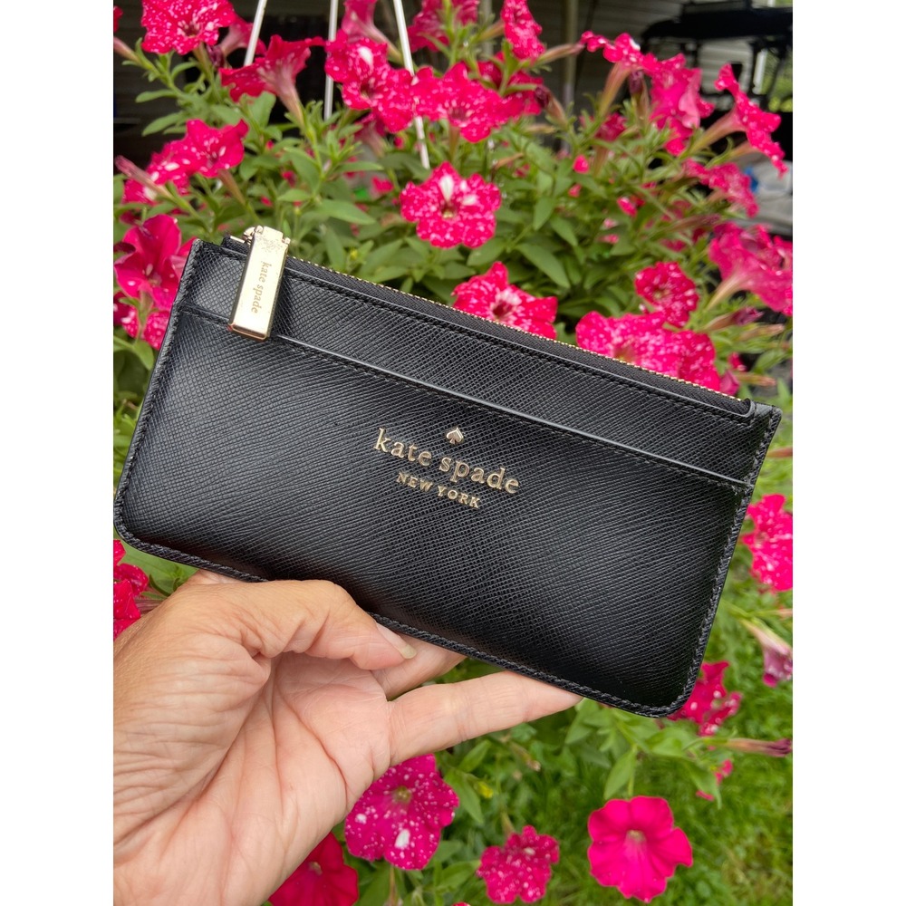 Kate Spade New York Black Saffiano Leather Slim Zip Card Case Wallet Logo